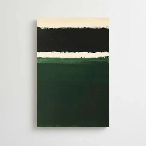Peinture minimaliste avec des bandes de couleurs noires, blanches et vertes, idéale pour un salon ou une chambre moderne.