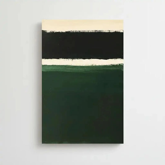 Peinture minimaliste avec des bandes de couleurs noires, blanches et vertes, idéale pour un salon ou une chambre moderne.