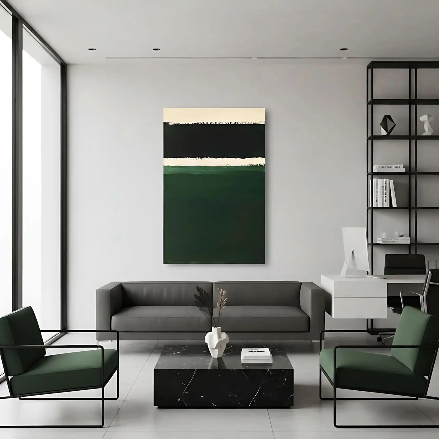 Peinture minimaliste avec des bandes de couleurs noires, blanches et vertes, idéale pour un salon ou une chambre moderne.