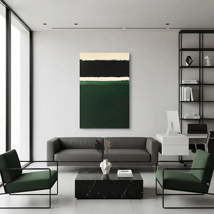 Peinture minimaliste avec des bandes de couleurs noires, blanches et vertes, idéale pour un salon ou une chambre moderne.
