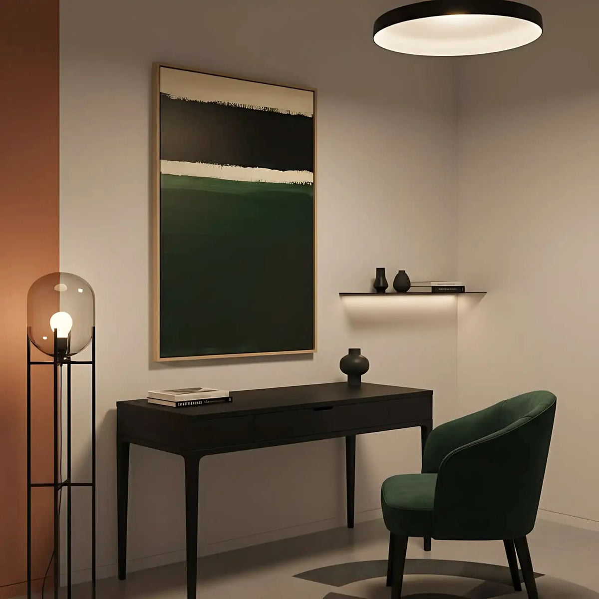 Peinture minimaliste avec des bandes de couleurs noires, blanches et vertes, idéale pour un salon ou une chambre moderne.