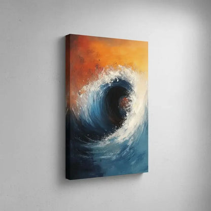 Peinture abstraite d'une vague puissante sur fond orangé et bleu, idéale pour un salon ou une chambre moderne.