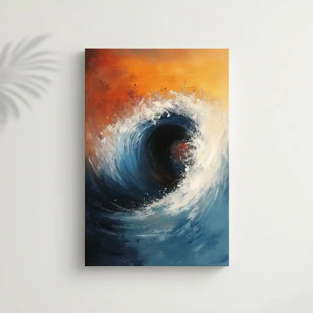 Peinture abstraite d'une vague puissante sur fond orangé et bleu, idéale pour un salon ou une chambre moderne.