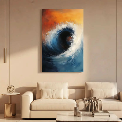 Peinture abstraite d'une vague puissante sur fond orangé et bleu, idéale pour un salon ou une chambre moderne.