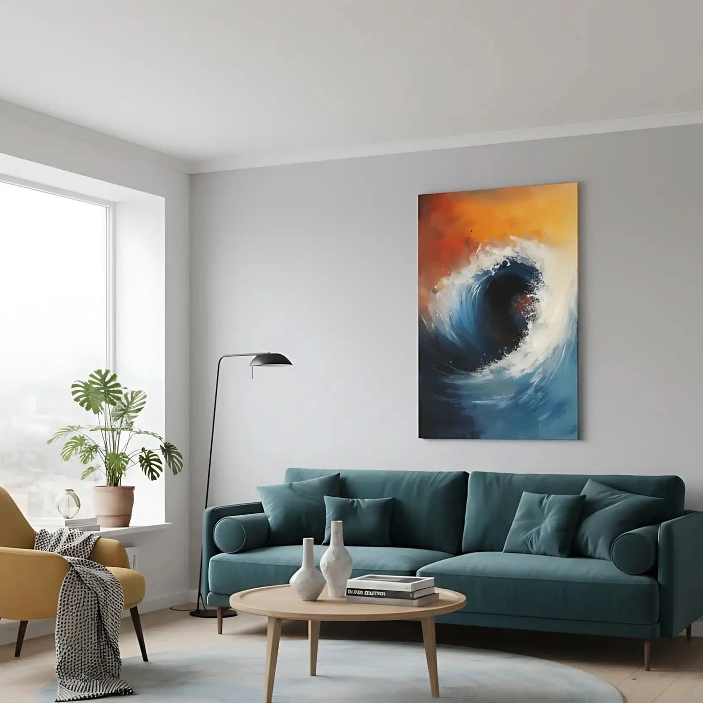 Peinture abstraite d'une vague puissante sur fond orangé et bleu, idéale pour un salon ou une chambre moderne.