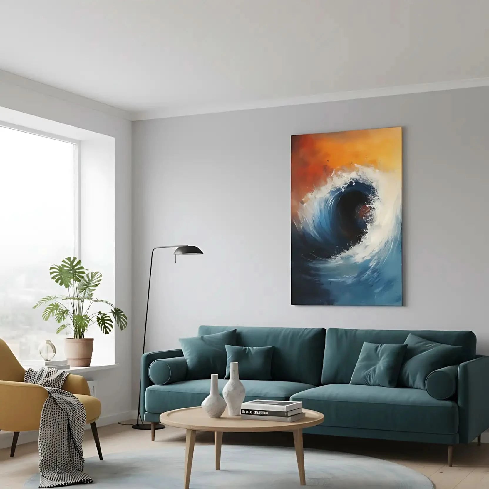 Peinture abstraite d'une vague puissante sur fond orangé et bleu, idéale pour un salon ou une chambre moderne.