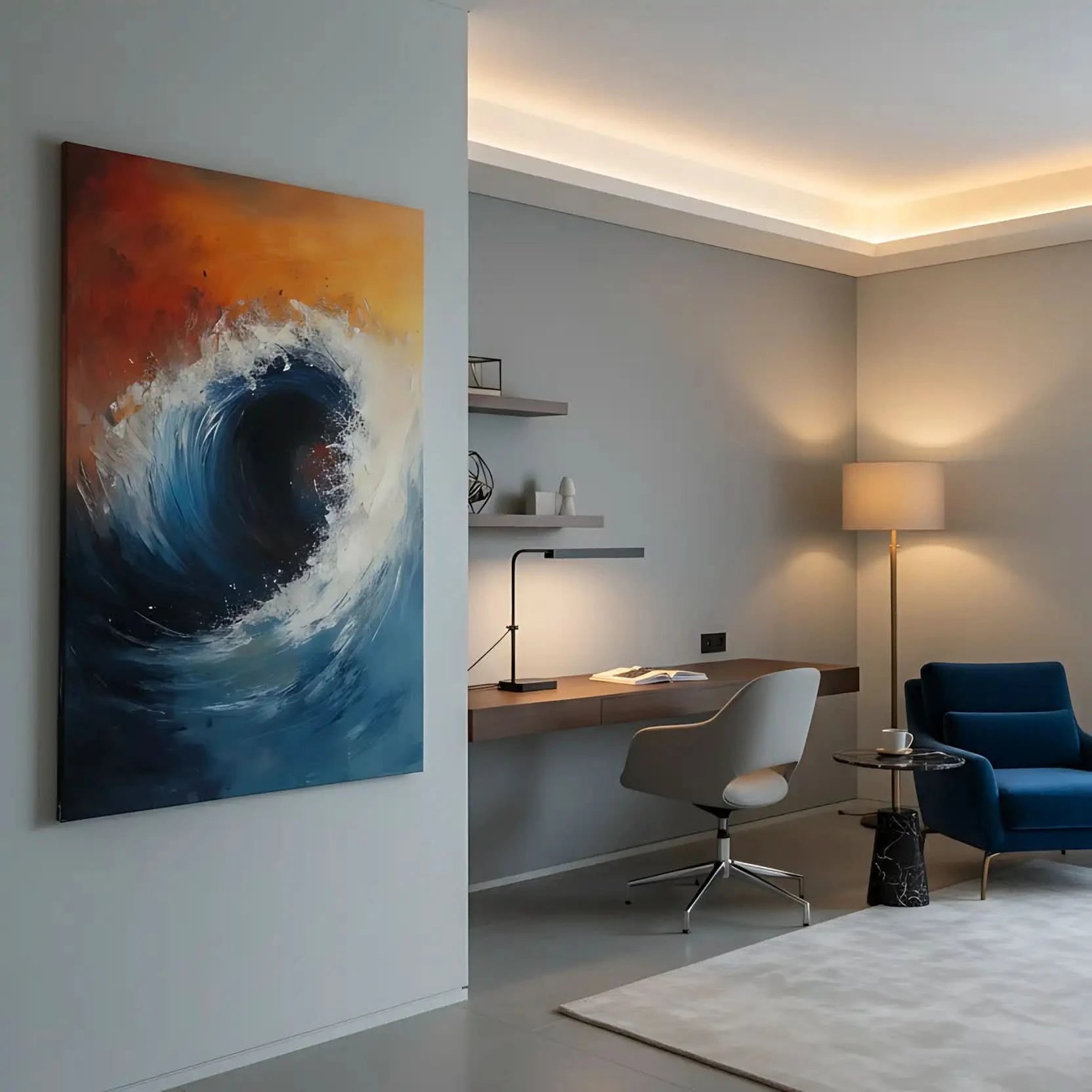 Peinture abstraite d'une vague puissante sur fond orangé et bleu, idéale pour un salon ou une chambre moderne.