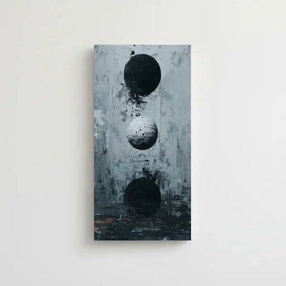 Trois sphères flottantes sur un fond abstrait gris et noir, créant une atmosphère mystérieuse et cosmique, parfaite pour un salon.