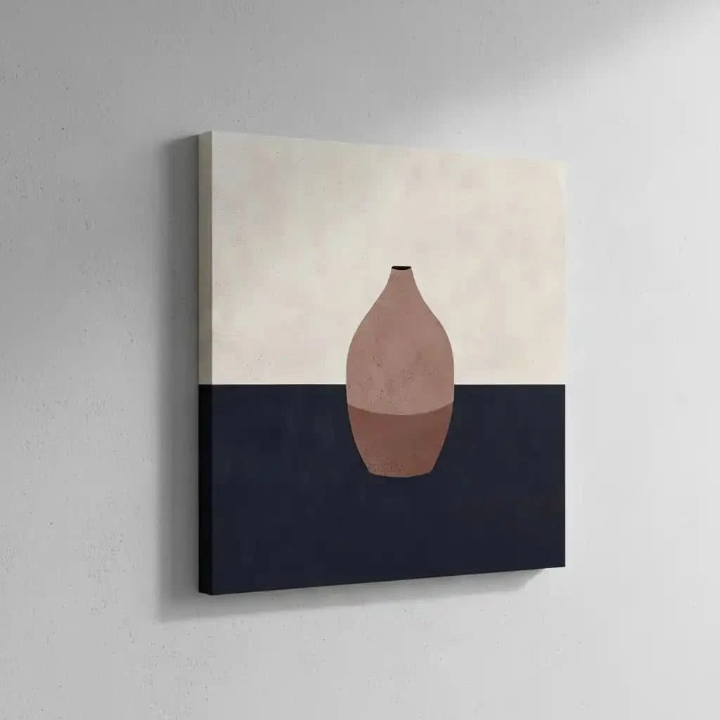 Tableau minimaliste avec vase en terre cuite sur fond contrasté. Élégant et apaisant, idéal pour un salon moderne.