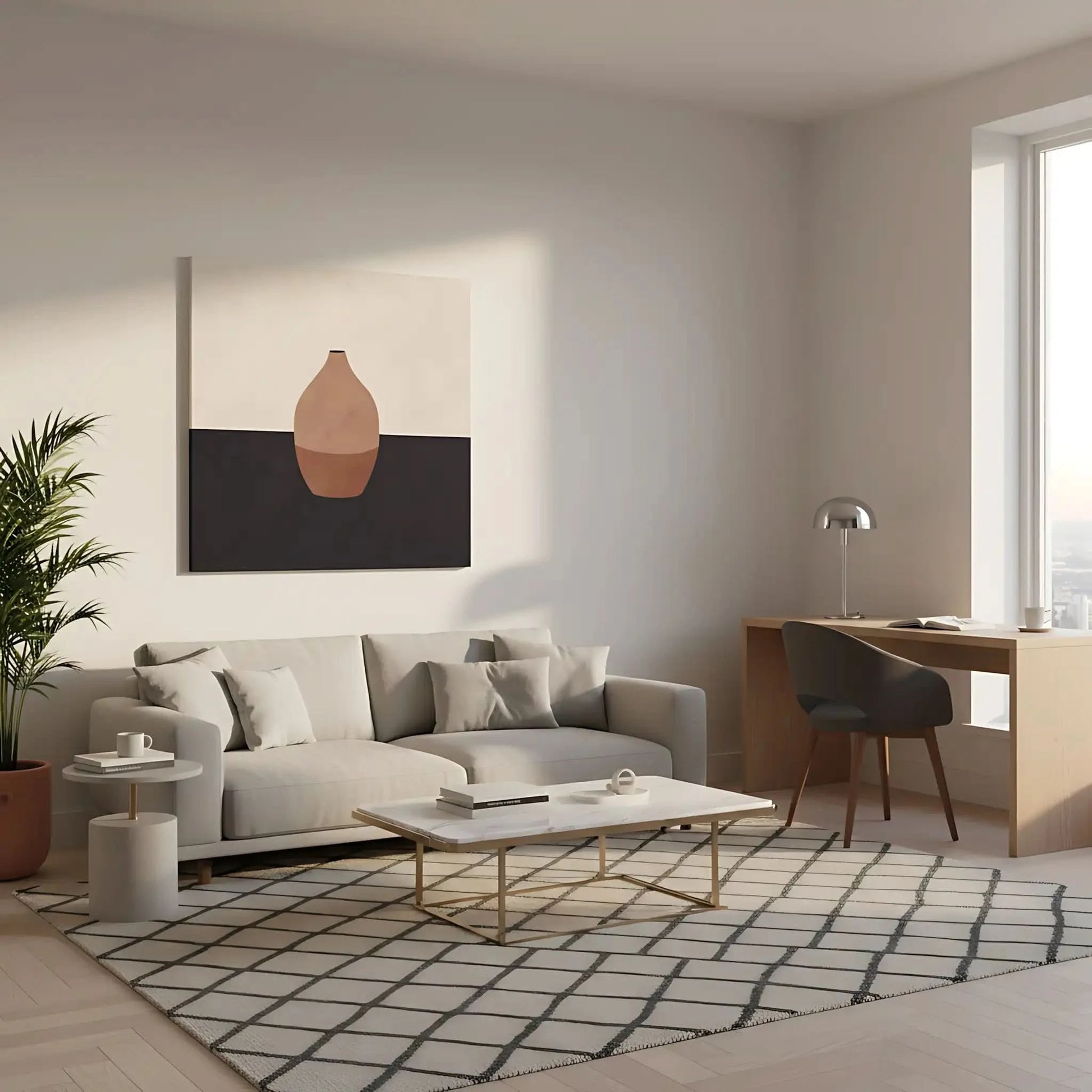 Tableau minimaliste avec vase en terre cuite sur fond contrasté. Élégant et apaisant, idéal pour un salon moderne.