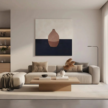 Tableau minimaliste avec vase en terre cuite sur fond contrasté. Élégant et apaisant, idéal pour un salon moderne.