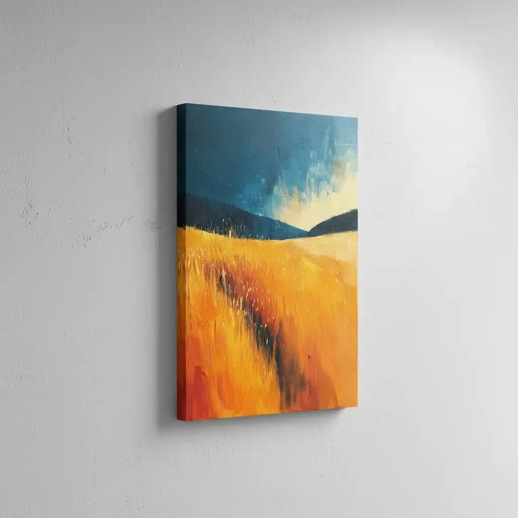 Peinture abstraite d'un champ doré sous un ciel bleu, créant une image dynamique, idéale pour une décoration moderne de salon ou chambre.