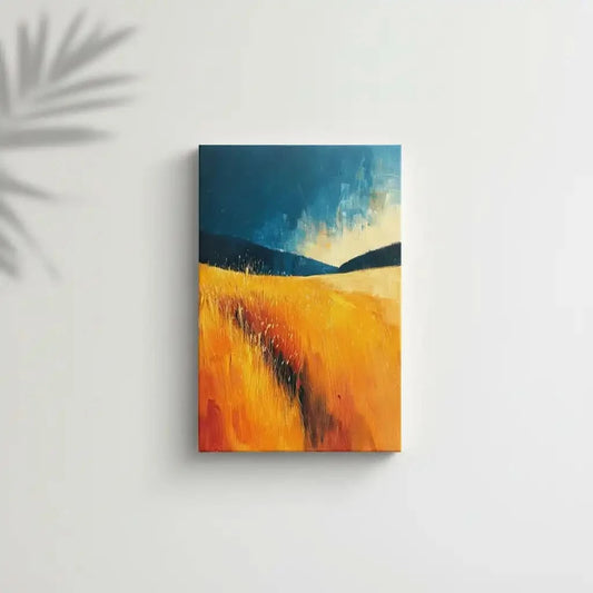 Peinture abstraite d'un champ doré sous un ciel bleu, créant une image dynamique, idéale pour une décoration moderne de salon ou chambre.