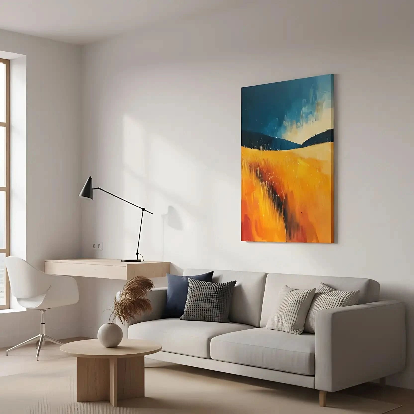 Peinture abstraite d'un champ doré sous un ciel bleu, créant une image dynamique, idéale pour une décoration moderne de salon ou chambre.