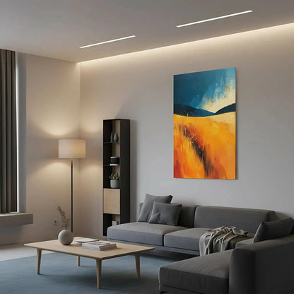 Peinture abstraite d'un champ doré sous un ciel bleu, créant une image dynamique, idéale pour une décoration moderne de salon ou chambre.