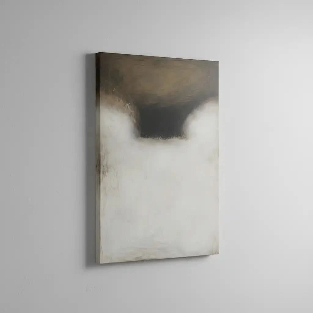 Tableau abstrait en tons beige et brun avec ombres profondes. Atmosphère mystique, idéal pour un salon moderne.