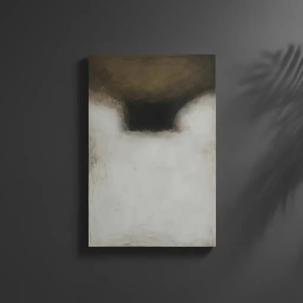Tableau abstrait en tons beige et brun avec ombres profondes. Atmosphère mystique, idéal pour un salon moderne.