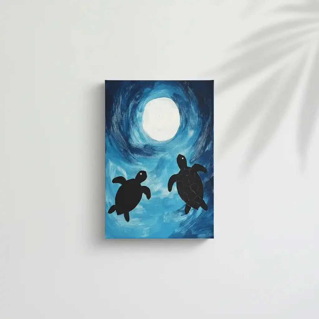 Peinture de deux tortues nageant sous la lumière de la lune, avec un fond bleu vibrant, idéale pour une chambre ou salon moderne.