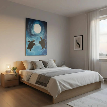 Peinture de deux tortues nageant sous la lumière de la lune, avec un fond bleu vibrant, idéale pour une chambre ou salon moderne.