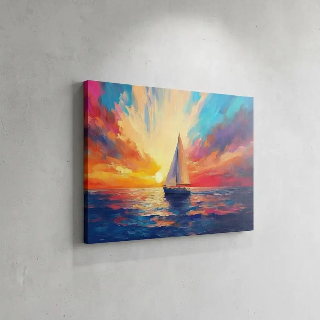 Un paysage marin avec un voilier naviguant sous un ciel coloré au coucher du soleil, parfait pour un salon ou une chambre.