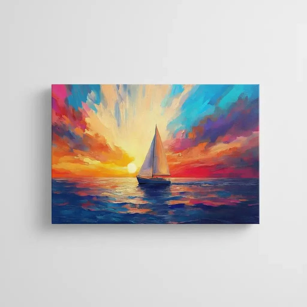 Un paysage marin avec un voilier naviguant sous un ciel coloré au coucher du soleil, parfait pour un salon ou une chambre.