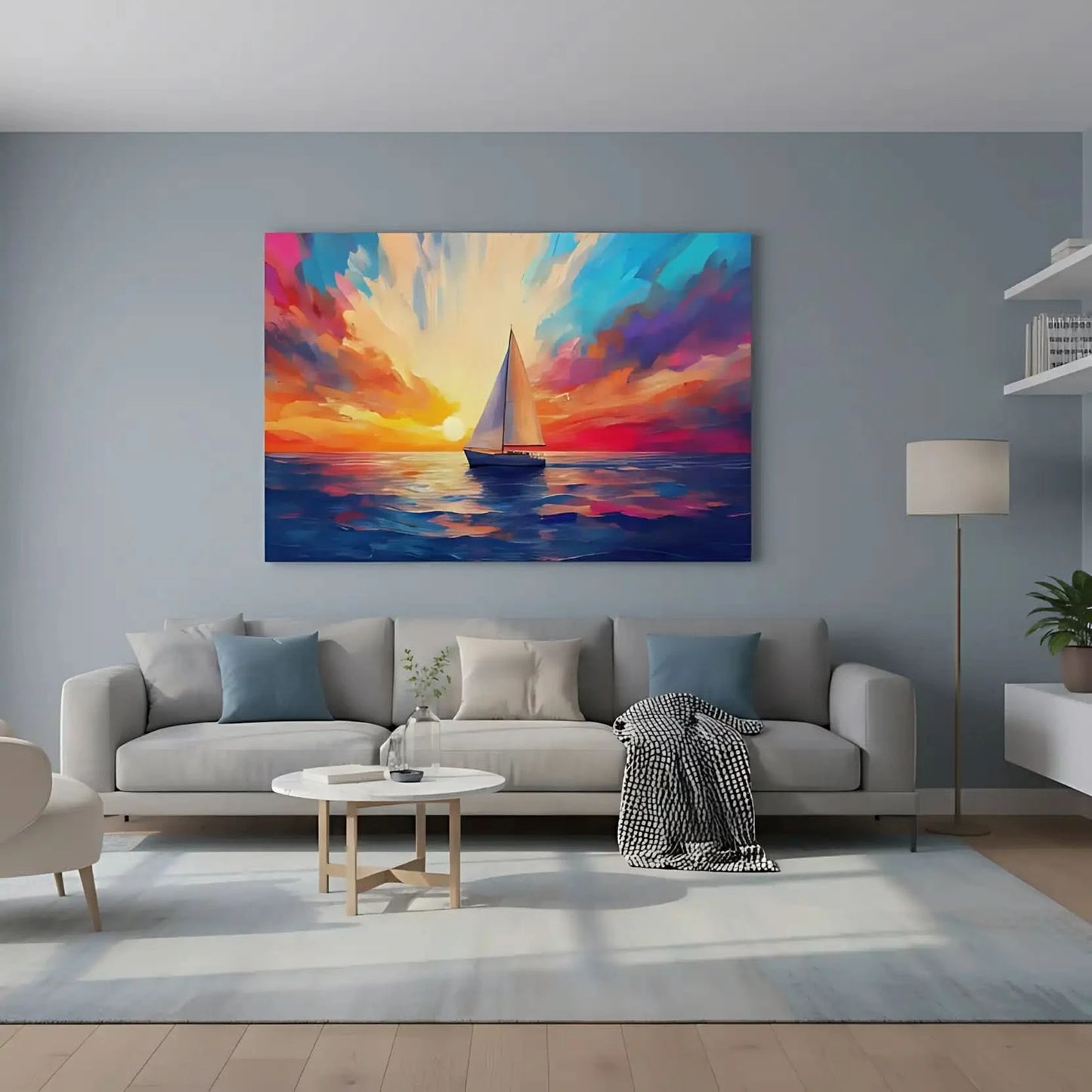 Un paysage marin avec un voilier naviguant sous un ciel coloré au coucher du soleil, parfait pour un salon ou une chambre.