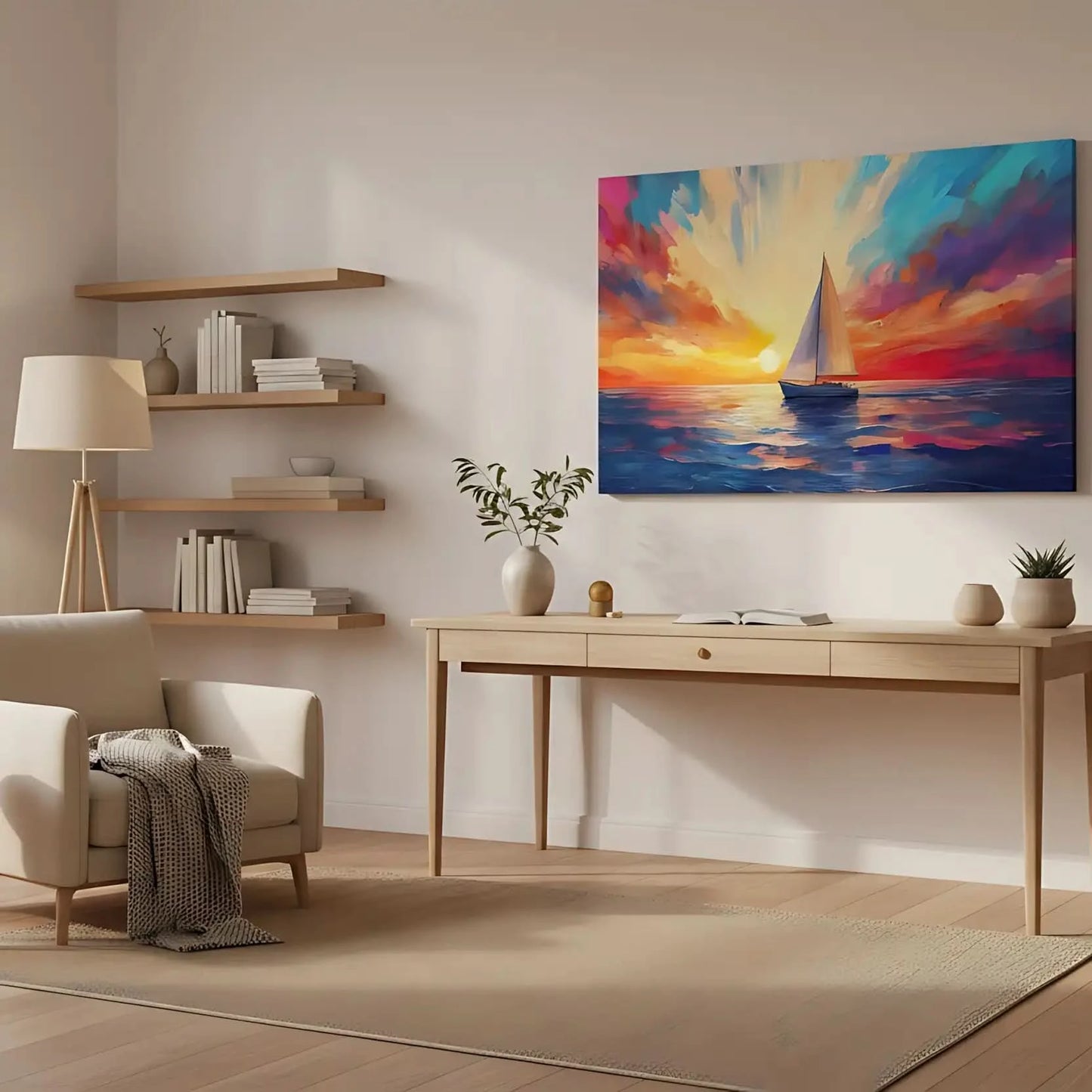 Un paysage marin avec un voilier naviguant sous un ciel coloré au coucher du soleil, parfait pour un salon ou une chambre.
