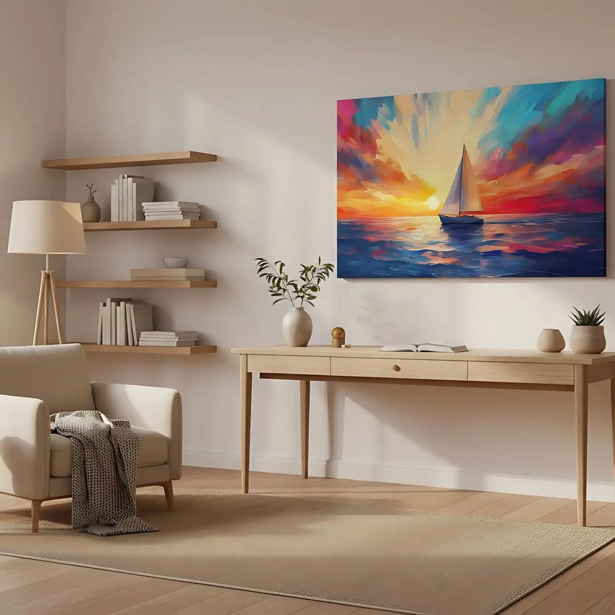 Un paysage marin avec un voilier naviguant sous un ciel coloré au coucher du soleil, parfait pour un salon ou une chambre.
