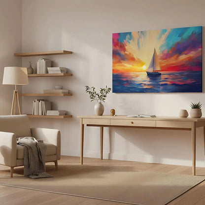 Un paysage marin avec un voilier naviguant sous un ciel coloré au coucher du soleil, parfait pour un salon ou une chambre.