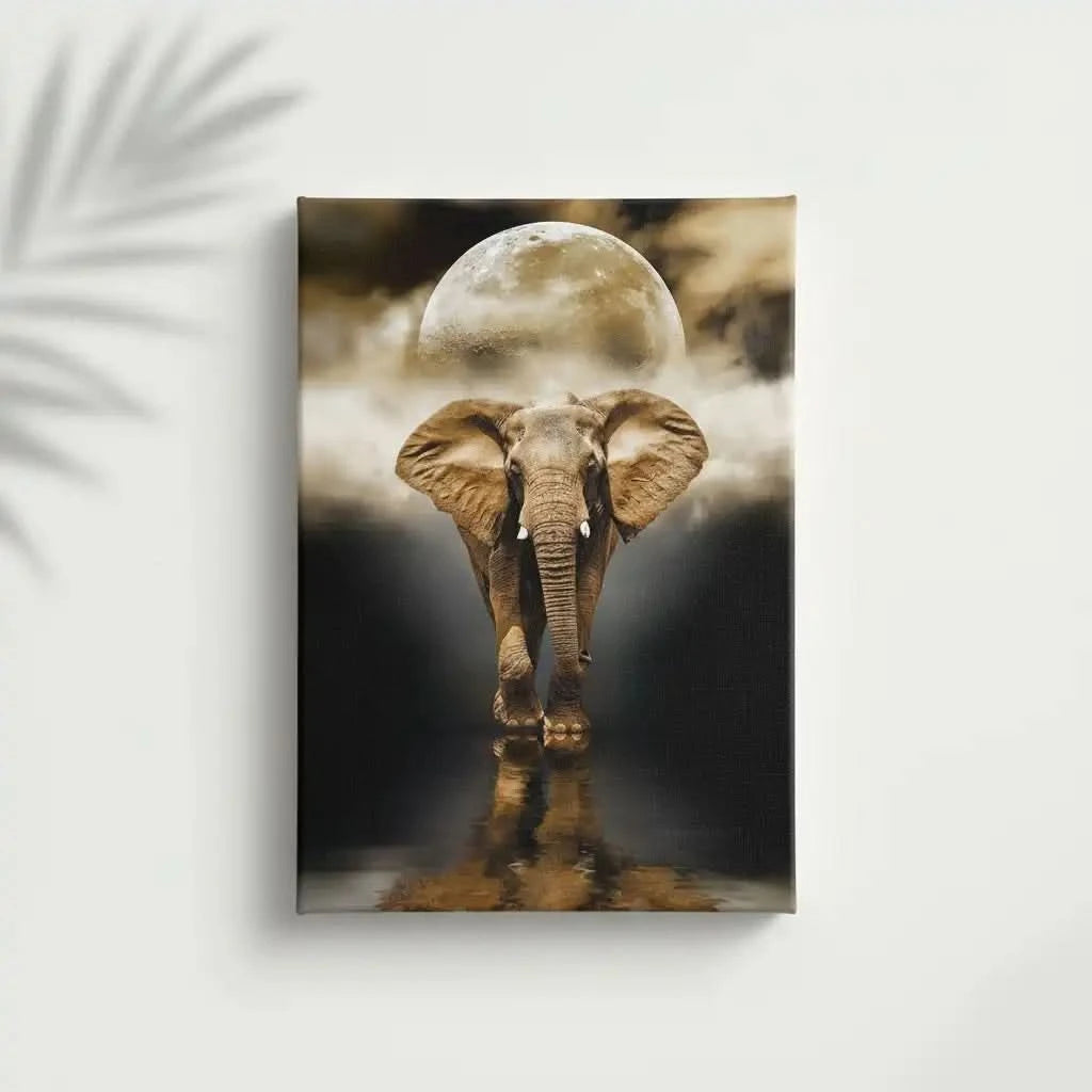 Éléphant majestueux marchant dans l'eau sous une pleine lune dorée, avec reflet et ambiance mystique, tons bruns et noirs.