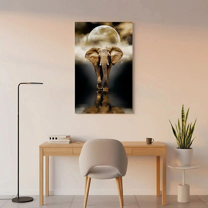 Éléphant majestueux marchant dans l'eau sous une pleine lune dorée, avec reflet et ambiance mystique, tons bruns et noirs.