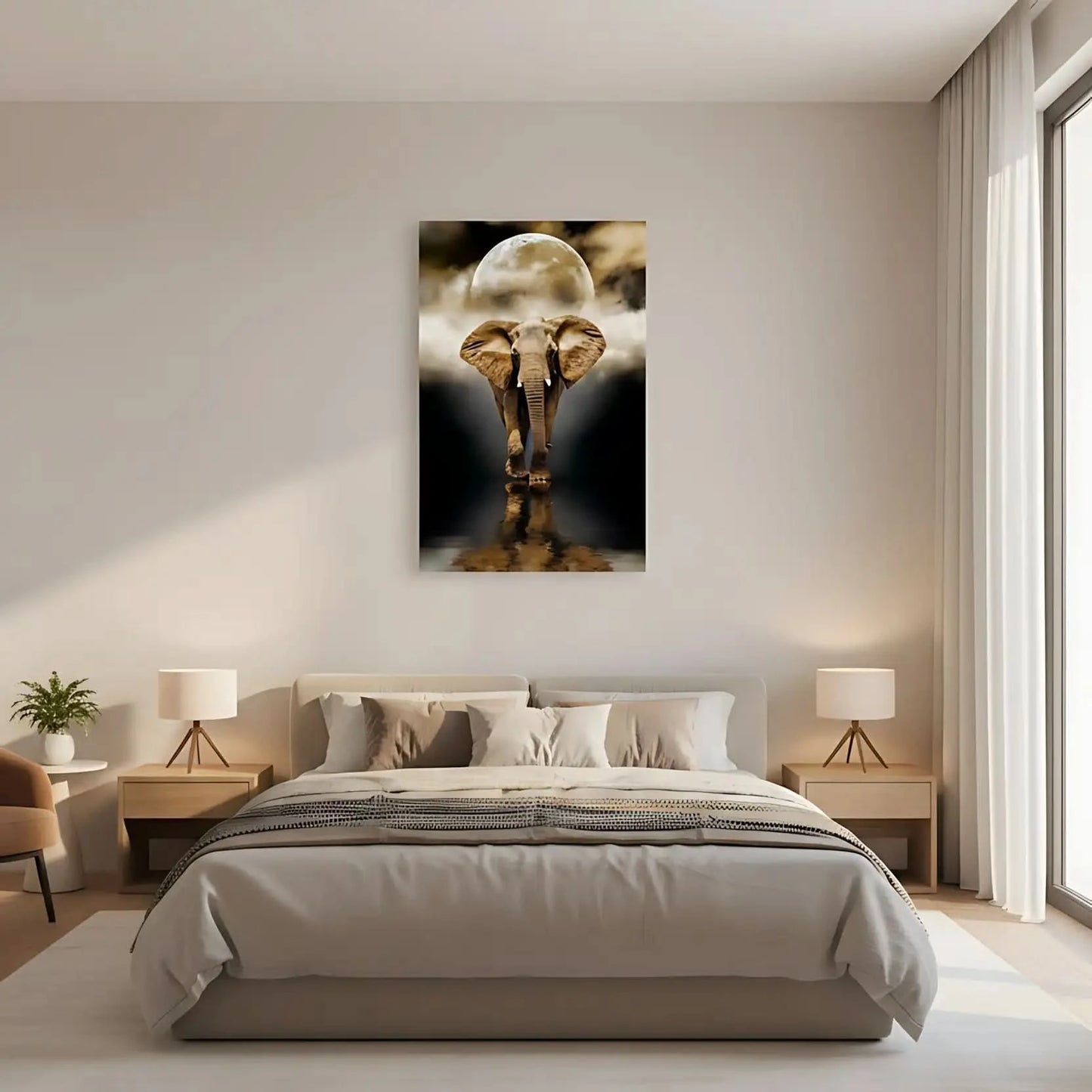 Éléphant majestueux marchant dans l'eau sous une pleine lune dorée, avec reflet et ambiance mystique, tons bruns et noirs.