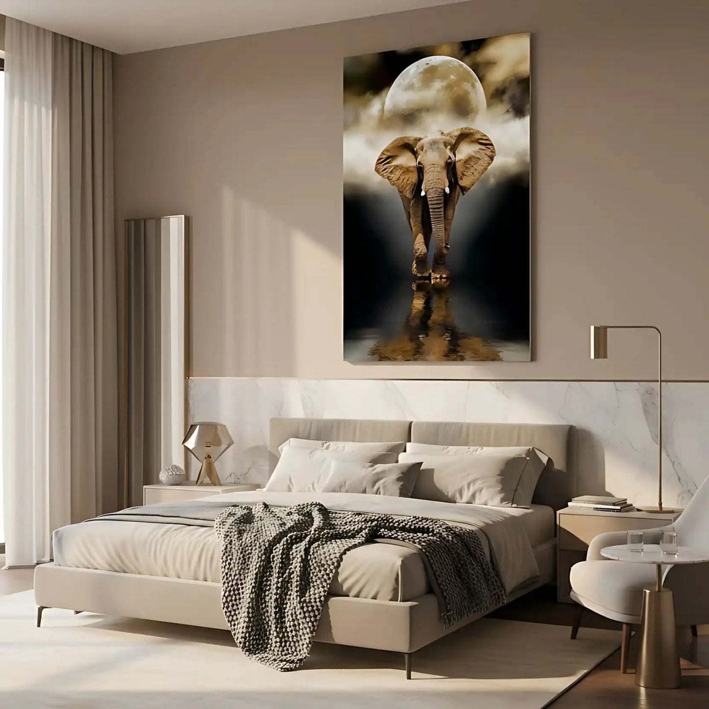 Éléphant majestueux marchant dans l'eau sous une pleine lune dorée, avec reflet et ambiance mystique, tons bruns et noirs.