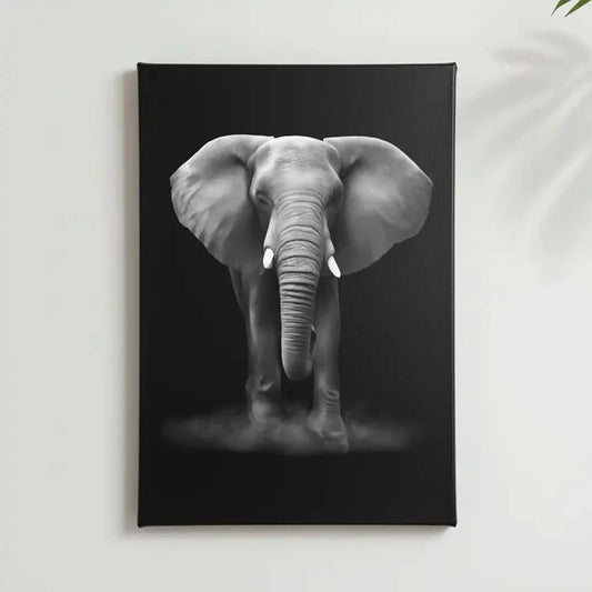 Tableau minimaliste noir et blanc montrant un éléphant de face sur fond sombre, évocateur de force et de sérénité.