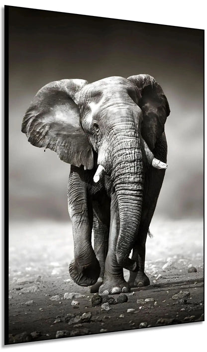 Photo noir et blanc d'un éléphant solitaire marchant sur terrain rocailleux, capturant sa force et sa majesté.