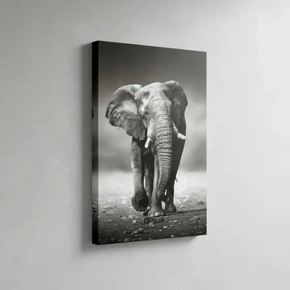 Photo noir et blanc d'un éléphant solitaire marchant sur terrain rocailleux, capturant sa force et sa majesté.