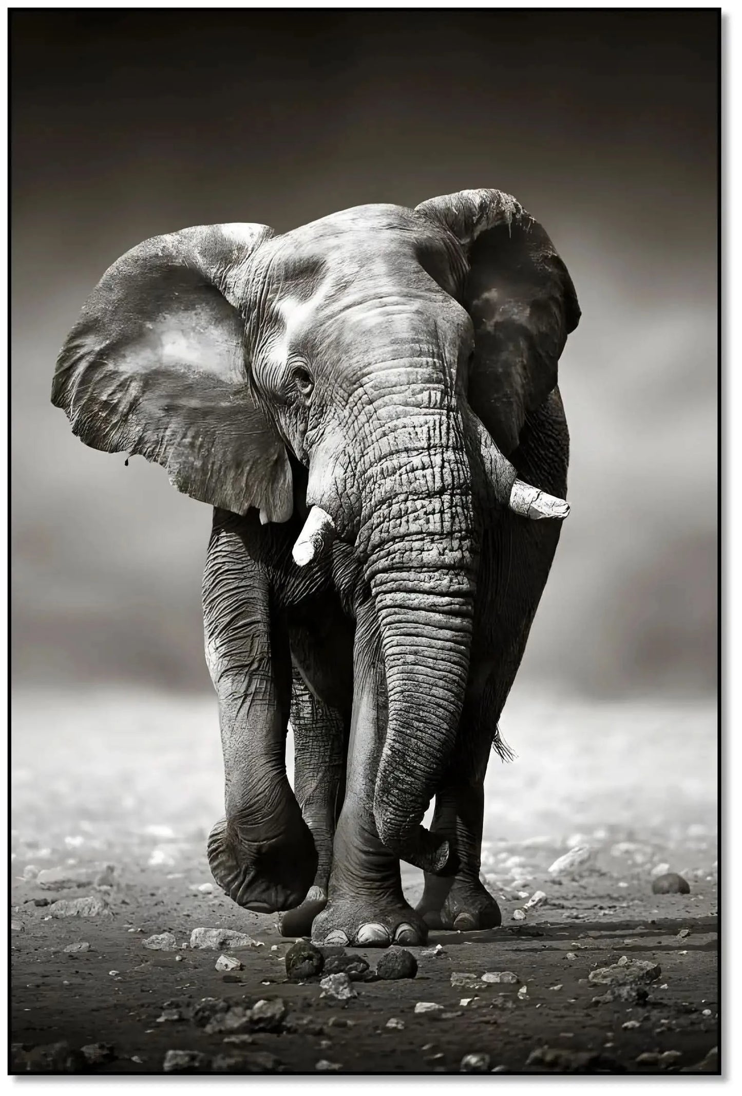 Photo noir et blanc d'un éléphant solitaire marchant sur terrain rocailleux, capturant sa force et sa majesté.