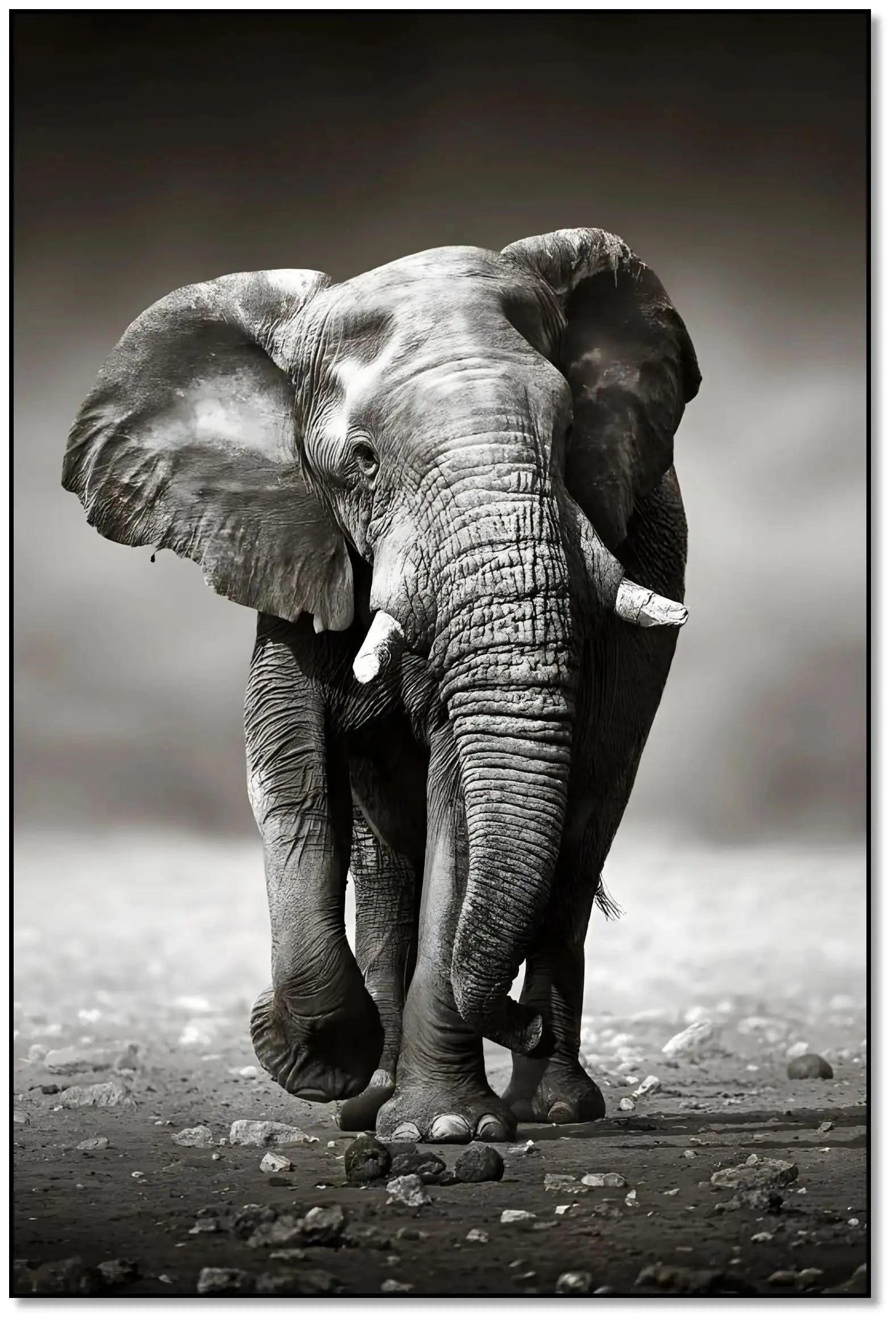 Photo noir et blanc d'un éléphant solitaire marchant sur terrain rocailleux, capturant sa force et sa majesté.