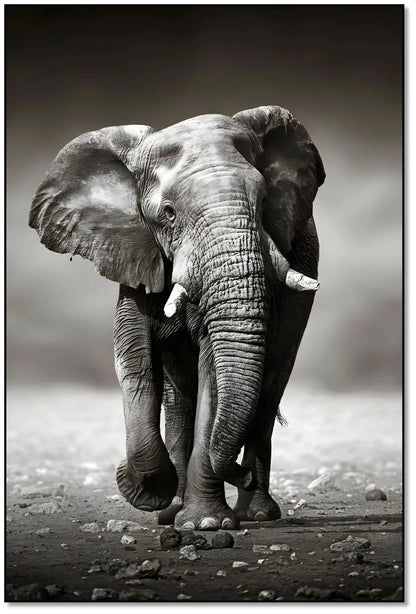 Photo noir et blanc d'un éléphant solitaire marchant sur terrain rocailleux, capturant sa force et sa majesté.