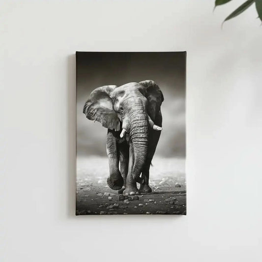 Photo noir et blanc d'un éléphant solitaire marchant sur terrain rocailleux, capturant sa force et sa majesté.