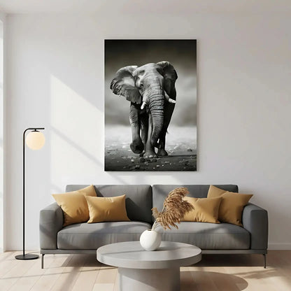 Photo noir et blanc d'un éléphant solitaire marchant sur terrain rocailleux, capturant sa force et sa majesté.