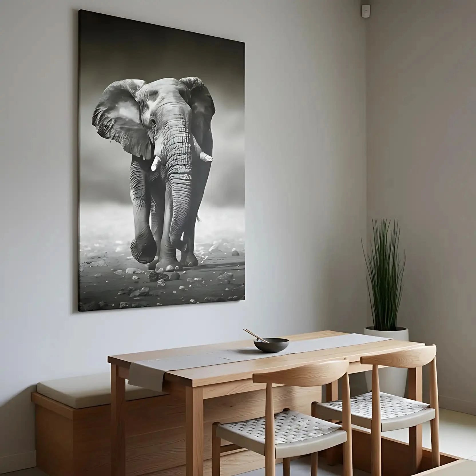 Photo noir et blanc d'un éléphant solitaire marchant sur terrain rocailleux, capturant sa force et sa majesté.