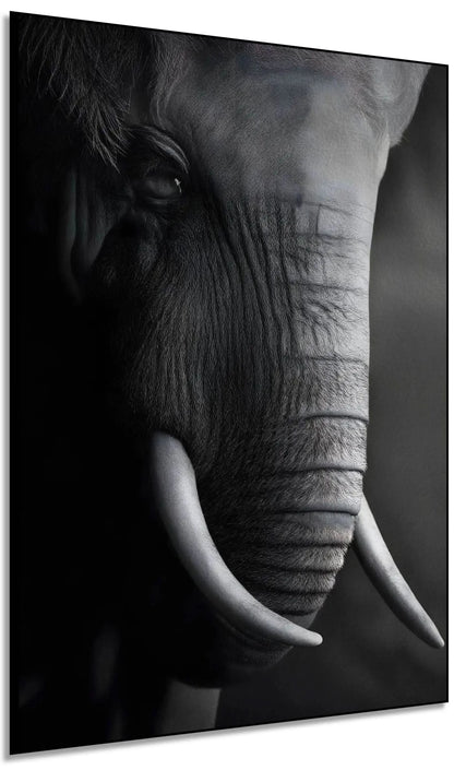 Gros plan en noir et blanc sur le visage d'un éléphant mettant en valeur la texture de sa peau et la courbe de sa défense.