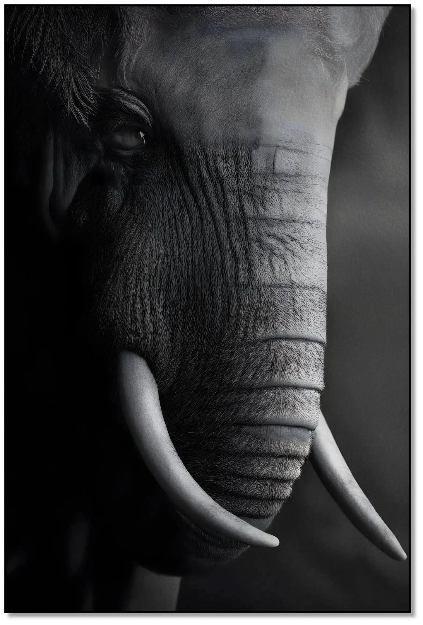 Gros plan en noir et blanc sur le visage d'un éléphant mettant en valeur la texture de sa peau et la courbe de sa défense.