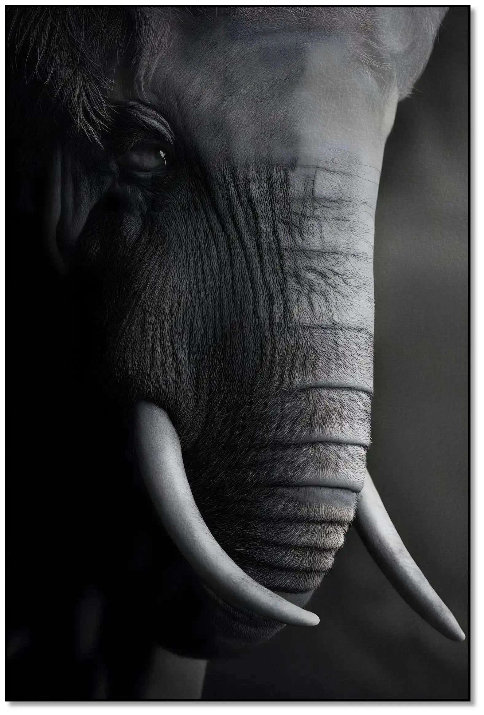 Gros plan en noir et blanc sur le visage d'un éléphant mettant en valeur la texture de sa peau et la courbe de sa défense.