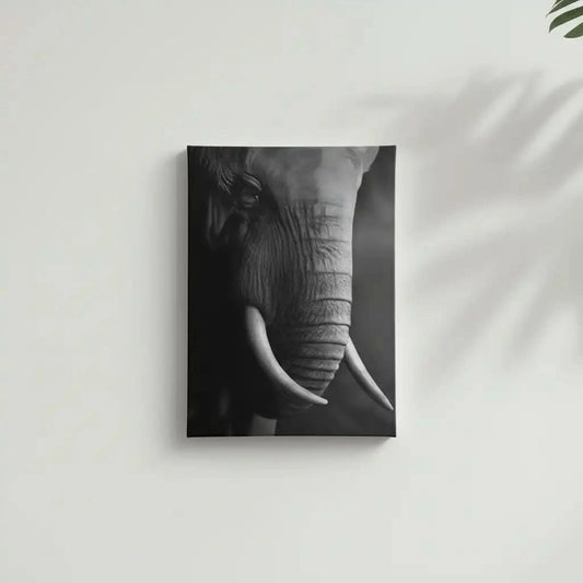 Gros plan en noir et blanc sur le visage d'un éléphant mettant en valeur la texture de sa peau et la courbe de sa défense.