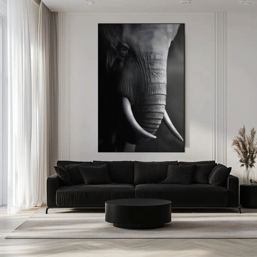 Gros plan en noir et blanc sur le visage d'un éléphant mettant en valeur la texture de sa peau et la courbe de sa défense.