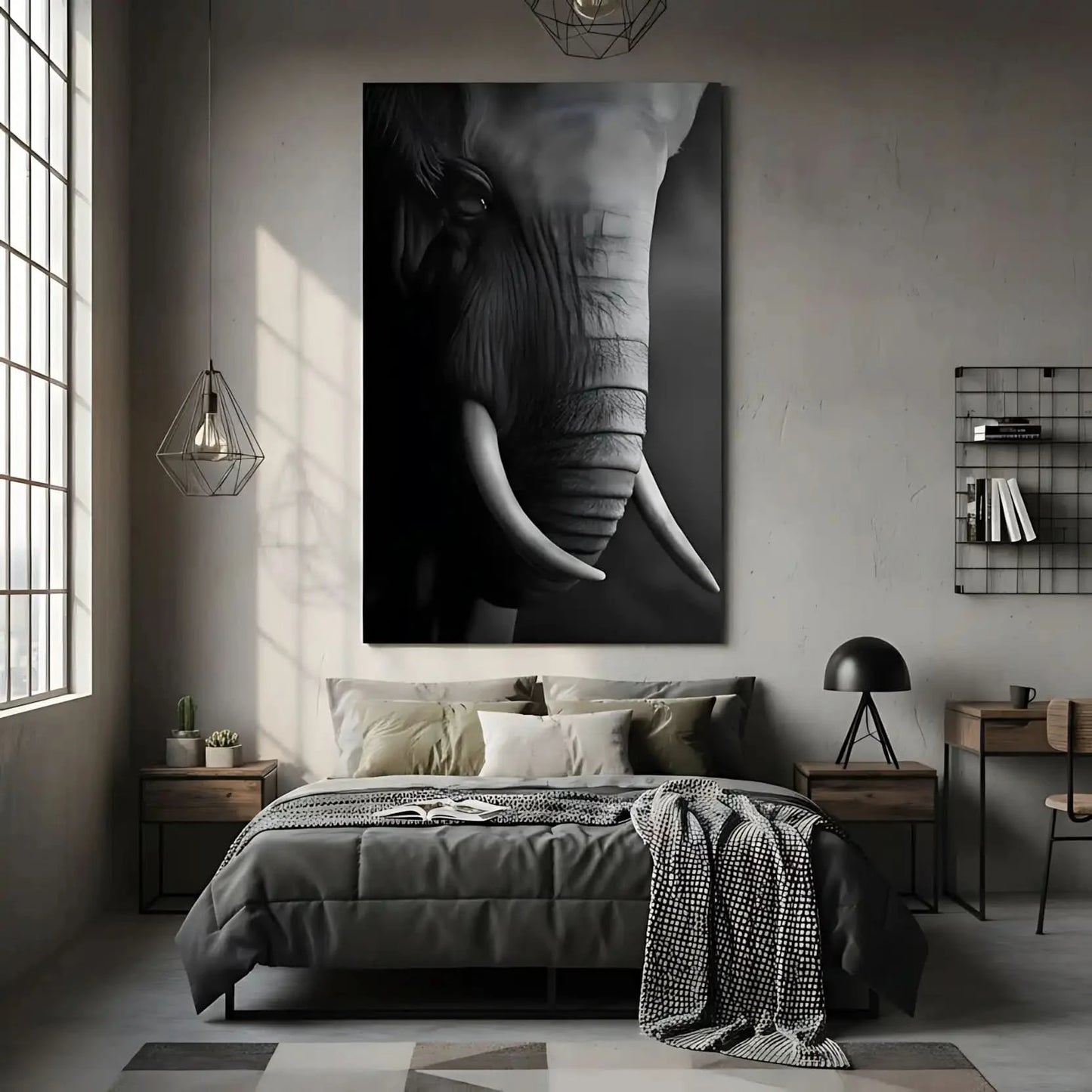 Gros plan en noir et blanc sur le visage d'un éléphant mettant en valeur la texture de sa peau et la courbe de sa défense.