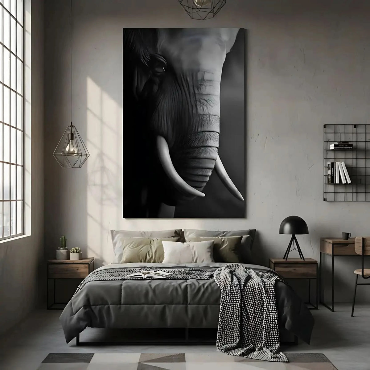 Gros plan en noir et blanc sur le visage d'un éléphant mettant en valeur la texture de sa peau et la courbe de sa défense.