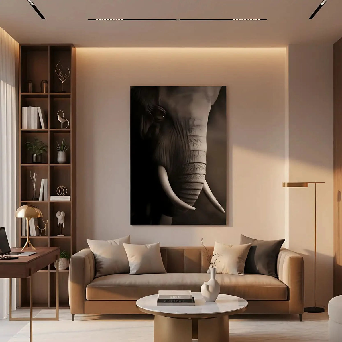 Gros plan en noir et blanc sur le visage d'un éléphant mettant en valeur la texture de sa peau et la courbe de sa défense.